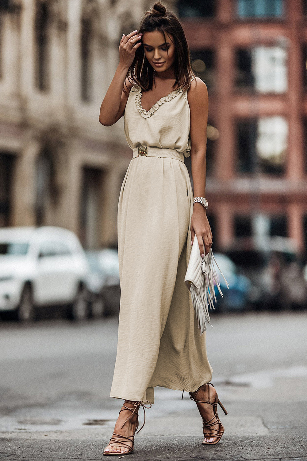 Double V Neck Maxi dress with neckline detail.