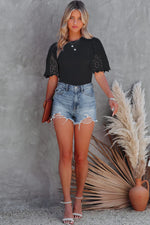 Load image into Gallery viewer, Scalloped eyelet short sleeve ribbed casual top.
