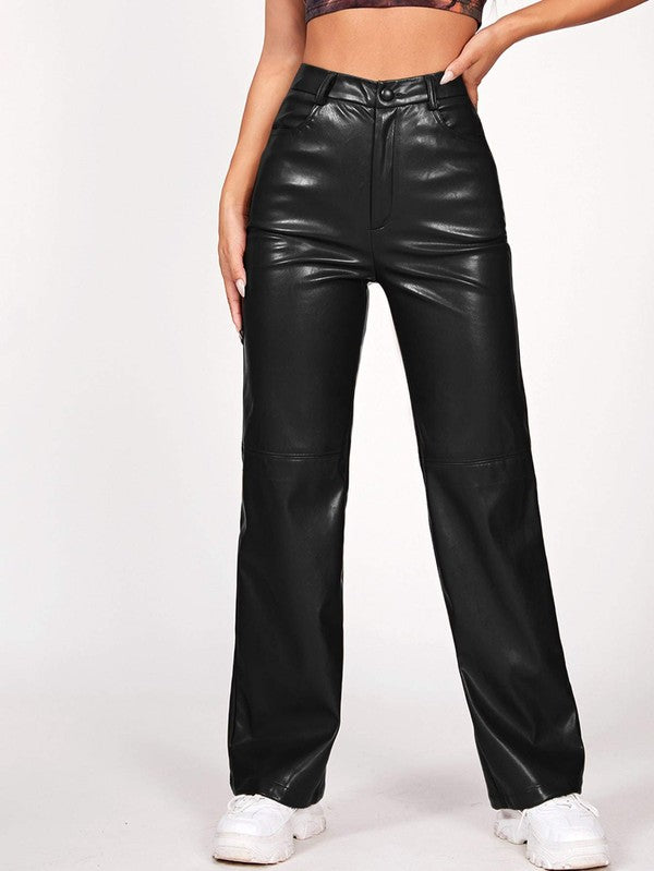 Faux leather straight leg high rise pant with button closure and pockets.