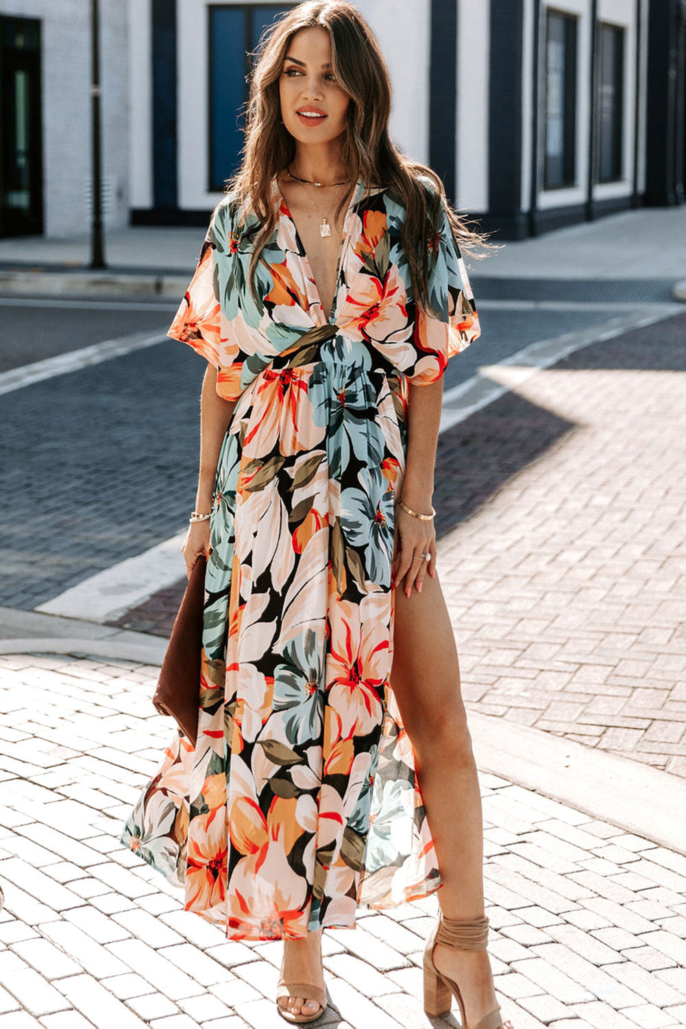 Floral V-neck kimono maxi dress with batwing sleeve.