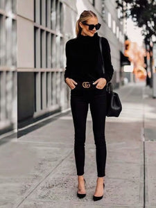 High-waisted five pocket button fly denim.