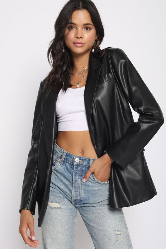 Soft faux leather blazer with flab pockets.
